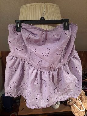 SHEIN Lavender Strapless Eyelet Trim Peplum Top